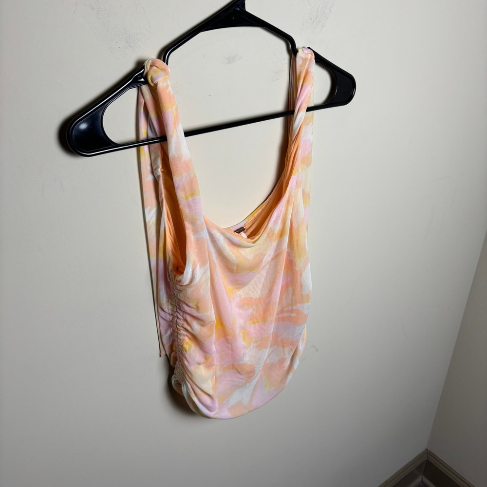Free People‎ Peach Ruched Floral Tie Dye Cowl Neck Mesh Tank Top Womens Large - Picture 4 of 7